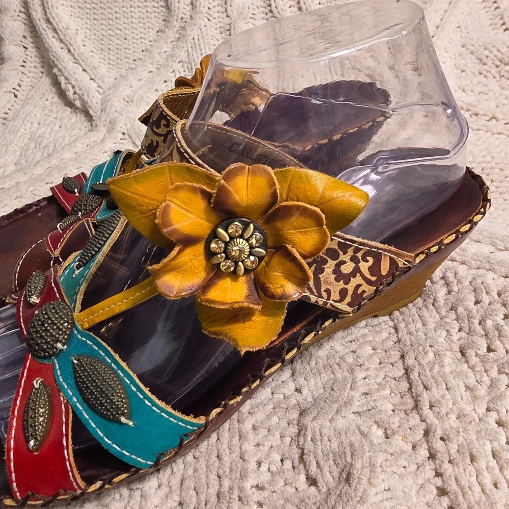 Spring Step Wedge Sandals Leather Red Yellow Teal 3D Flowers‎ Womens 38 7-7.5